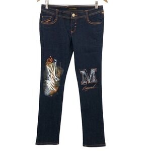 Miskeen Women's Graffiti Skinny Jeans Size 9 Painted & Embroidered Dark Wash